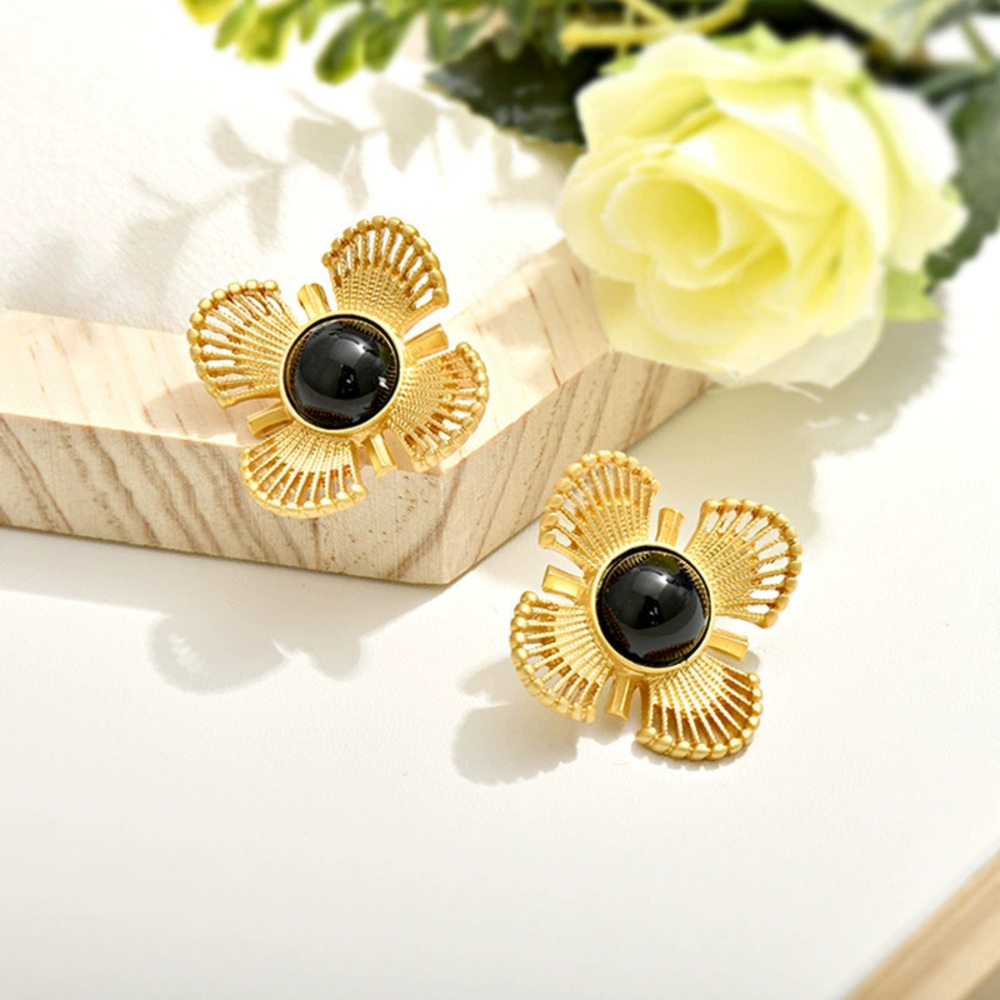Vintage Replica Stamped Glass Flower Stud Earrings Silver Post